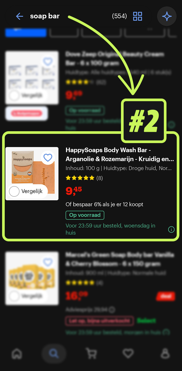 Screenshot van een ranking op bol.com: Soap bar, positie #2