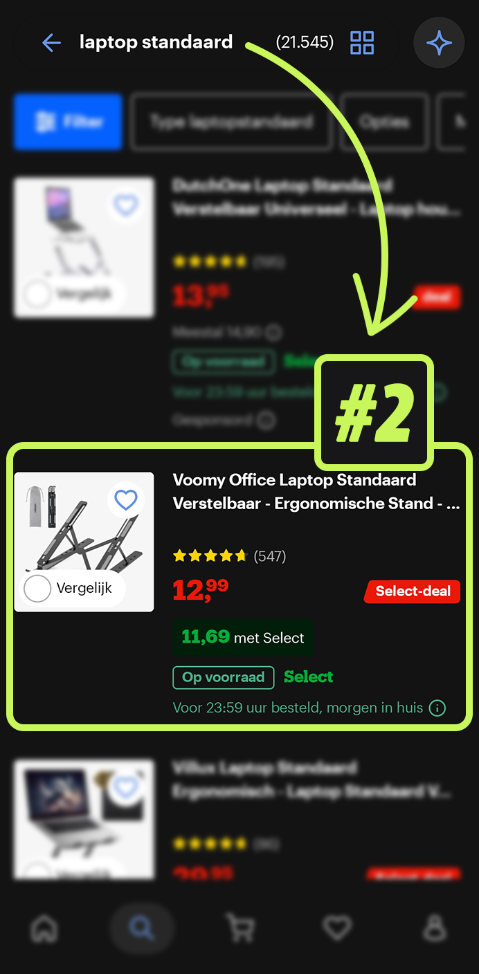 Screenshot van een ranking op bol.com: Laptop standaard, positie #2