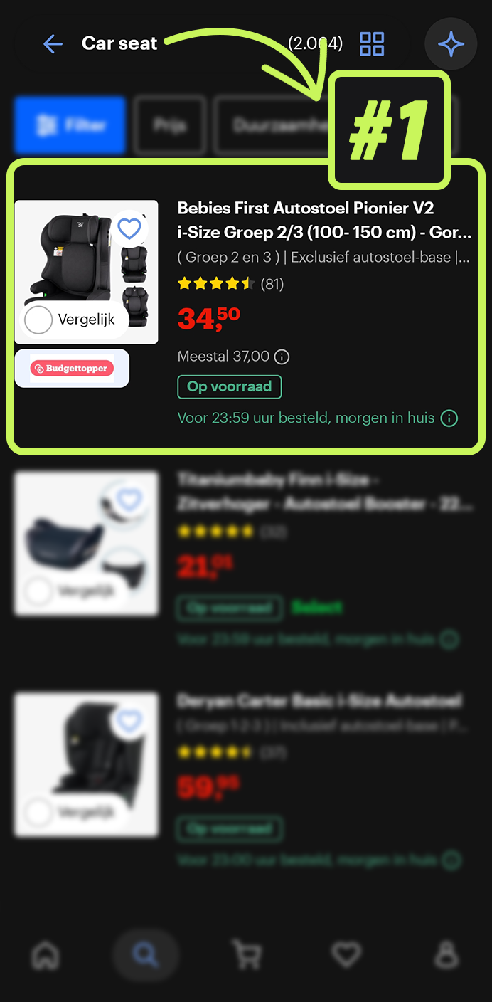 Screenshot van een ranking op bol.com: Car seat, positie #1