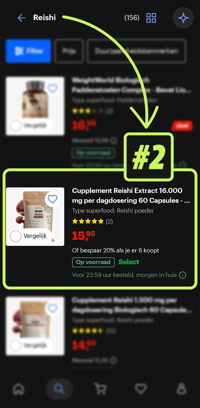 Screenshot van een ranking op bol.com: Reishi, positie #2