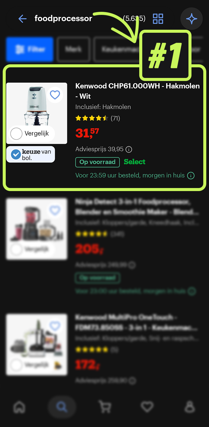 Screenshot van een ranking op bol.com: Foodprocessor, positie #1