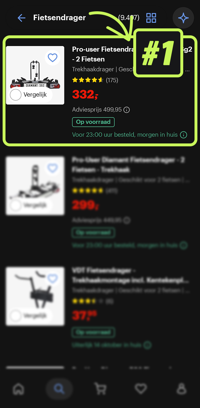 Screenshot van een ranking op bol.com: Fietsendrager, positie #1