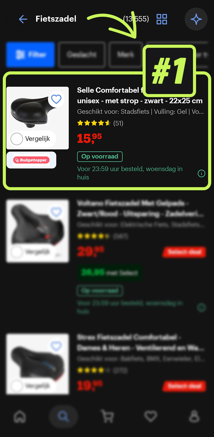Screenshot van een ranking op bol.com: Fietszadel, positie #1