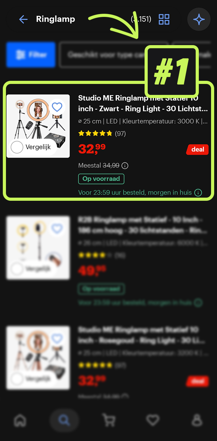 Screenshot van een ranking op bol.com: Ringlamp, positie #1