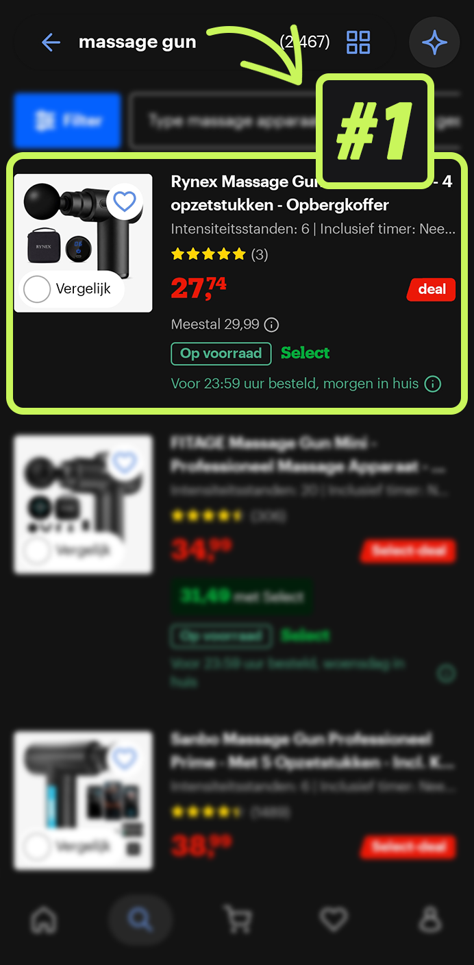 Screenshot van een ranking op bol.com: Massage gun, positie #1