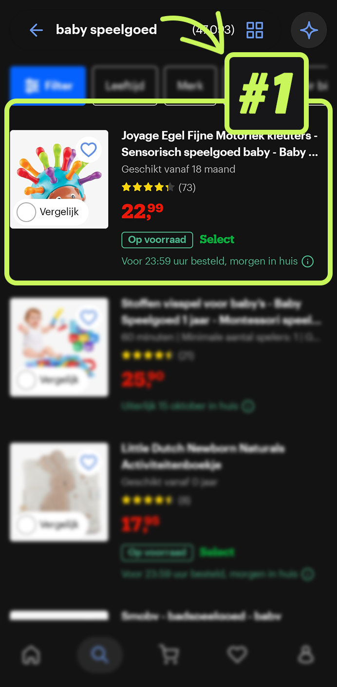 Screenshot van een ranking op bol.com: Baby speelgoed, positie #1